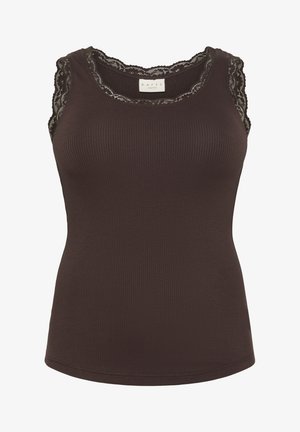 Brown ribbed tank top with lace trim along the neckline and sleeves. Features a fitted design and soft, lightweight fabric.