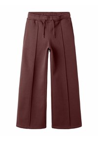Pantalons larges bordeaux en tissu doux, dotés d'une taille élastique avec cordon de serrage et de coutures verticales sur le devant.