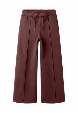 Bordeaux plooibroek van zachte stof, met een elastische tailleband en trekkoord, en verticale stiksels op de voorkant.