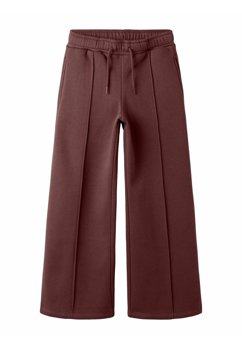 Pantalons larges bordeaux en tissu doux, dotés d'une taille élastique avec cordon de serrage et de coutures verticales sur le devant.