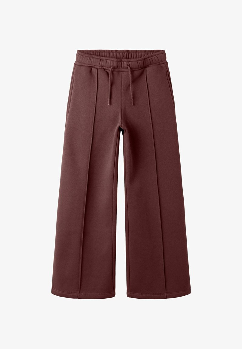 Burgundske široke hlače iz mehkega materiala, z elastičnim pasom in vrvico, ter vertikalnimi šivi spredaj.