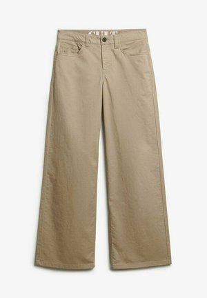 Beige brede bukser med frontknap, lynlås lukning og for- og baglommer, vist fladt på en hvid baggrund.