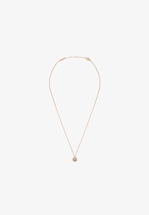 Kuldne kaelakee ringikujulise ripatsi ja väikeste sädelevate kivikeste mustriga. Õrn, tekstureeritud disain koos turvalise sulgemisega.