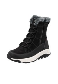 Schwarze wasserdichte Stiefel mit Kunstfellfutter, Schnürung vorne, seitlichem Reißverschluss, gepolstertem Kragen und einer massiven weißen und schwarzen Sohle.