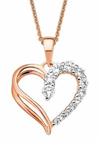 Pendente a forma di cuore in oro rosa con un design aperto. Presenta pietre sintetiche trasparenti lungo un lato e una delicata catena.