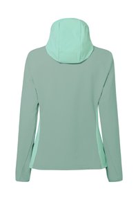 Hellgrüne Damenkapuzenjacke von hinten gezeigt, mit langen Ärmeln und Seitentaschen.