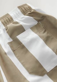 Gestreifte Shorts mit abwechselnden breiten beige- und weißen Streifen, elastischem Bund und einer Rückentasche mit rechteckiger Klappe.