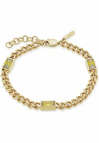Goldene Kettenarmband mit drei rechteckigen, hellgelben Steinen. Die Glieder sind dick und miteinander verbunden, mit einem Verschluss und einer Verlängerungskette.
