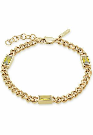Goldene Kettenarmband mit drei rechteckigen, hellgelben Steinen. Die Glieder sind dick und miteinander verbunden, mit einem Verschluss und einer Verlängerungskette.