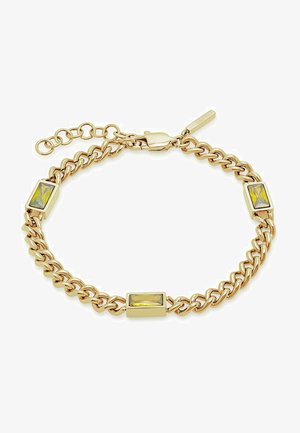 Bracciale in oro con tre pietre rettangolari di colore giallo chiaro. I segmenti sono spessi e intrecciati, con una chiusura e una catena di estensione.