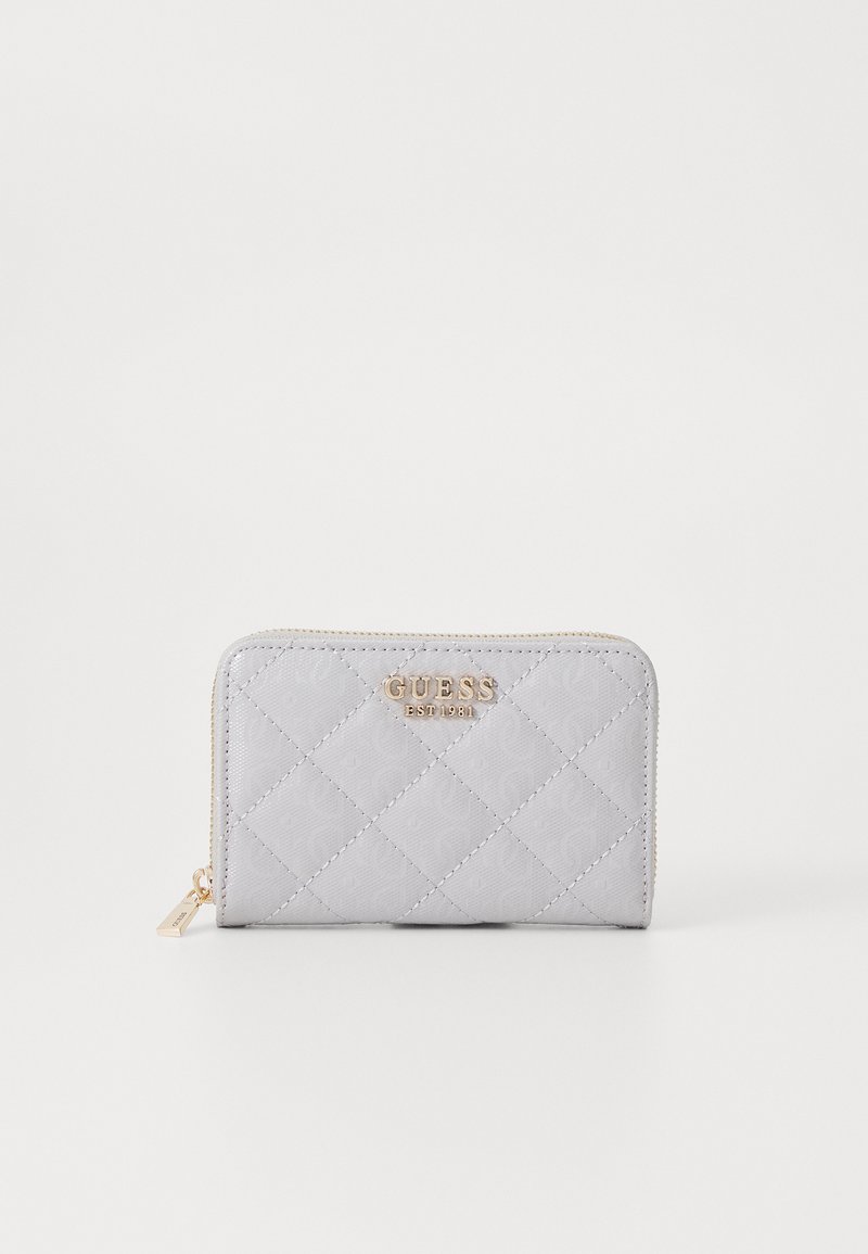 Quilted light grey wallet with gold-tone hardware, featuring a logo and zipper closure. Smooth texture with diamond pattern details.