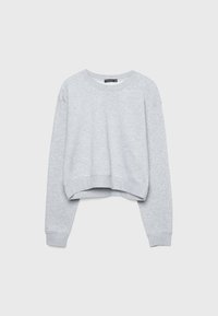 Sweat-shirt court à manches longues gris clair avec un col rond et des poignets et un ourlet côtelés, présenté sur un fond blanc.