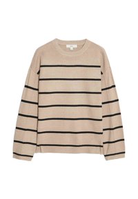 Beige tröja med horisontella svarta ränder, rund hals och sänkta axlar. Tillverkad av mjukt material med ribbade muddar och fåll.