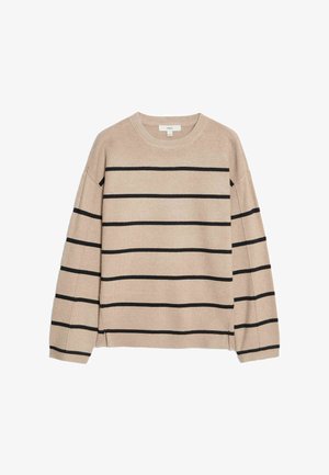 Beige trui met horizontale zwarte strepen, een ronde hals, en verlaagde schouders. Gemaakt van zachte stof met geribbelde manchetten en onderrand.