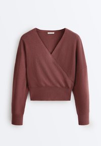 Pulover scurt cu mâneci lungi, din tricot cu dungi, în culoarea roz prăfuit, cu decolteu adânc în V și încrucișat în față, având talie cambrată.