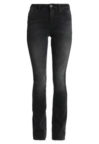 Black denim jeans with a straight leg design, featuring a button closure and five pockets. The fabric has a slight stretch and smooth texture.