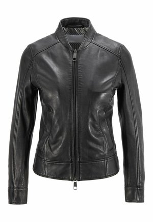 Black leather jacket with front zipper, two side pockets, long sleeves, and a short stand collar, designed for a fitted silhouette.