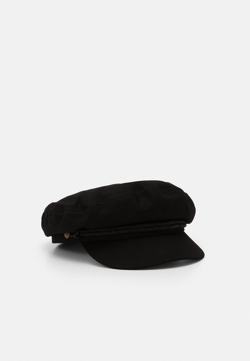 Chapéu de algodão preto com topo arredondado e aba larga e plana. Apresenta uma faixa de destaque trançada e um padrão de espinha de peixe texturizado.