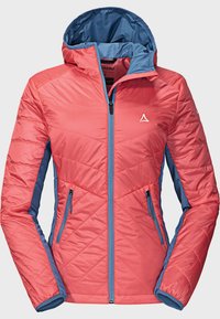 Rosa und blaue isolierte Jacke mit Reißverschluss, Kapuze und zwei Seitentaschen, die diagonale Nähmuster und ein Logo auf der Brust aufweist.