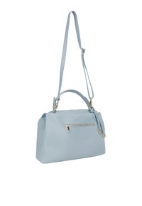 Borsa a tracolla in pelle blu chiaro con una forma strutturata, dotata di manico superiore, tracolla regolabile e una tasca anteriore con zip.