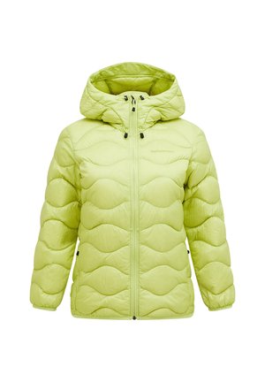 Hellgrüne, leicht gefütterte Jacke mit Kapuze, die ein gestepptes Design mit Wellenmustern aufweist, einen Reißverschluss vorne hat und über verstellbare Kordeln verfügt.