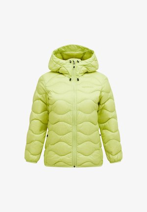 Hellgrüne, leicht gefütterte Jacke mit Kapuze, die ein gestepptes Design mit Wellenmustern aufweist, einen Reißverschluss vorne hat und über verstellbare Kordeln verfügt.