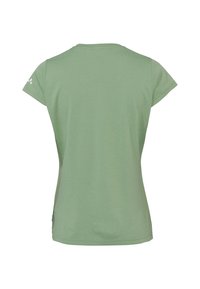 Groene T-shirt met korte mouwen en ronde hals, voorzien van een klein logodetail op de linkerschouder en een zachte, gladde textuur.