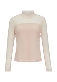 Langärmliges Oberteil mit hohem Halsausschnitt, rosa und weißem Farbblockdesign, durchscheinendem Stoff mit Glitzereffekten. Glatte Textur.