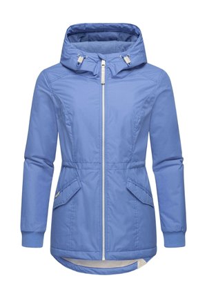Light blue synthetic jacket with a hood, front zipper, two side pockets, and ribbed cuffs, featuring a slightly longer back hem.