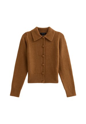 Cárdigan marrón de punto con cuello de solapa, cierre de botones, puños y dobladillo acanalados, hecho de un material suave similar a la lana.