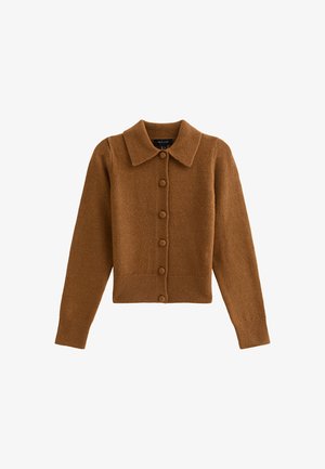 Brązowy sweter z dzianiny z kołnierzykiem, zapinany na guziki, z prążkowanymi mankietami i dołem, wykonany z miękkiego materiału przypominającego wełnę.
