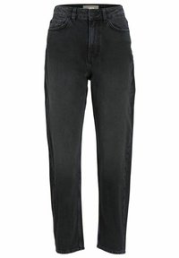 Jeans negros de tiro alto hechos de denim. Presentan piernas rectas, cinco bolsillos, presillas para cinturón y una cremallera en la parte delantera. Textura suave y costuras mínimas.