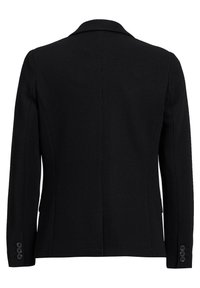 Svart blazer med en texturerad tyg, snedskuren krage och knäppning med tre knappar vid ärmarna. Har en skräddarsydd passform och rena linjer i bakdesignen.