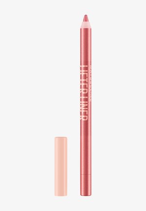 Crayon contour des lèvres rose poudré scintillant avec bouchon rose clair assorti retiré à côté sur fond blanc.
