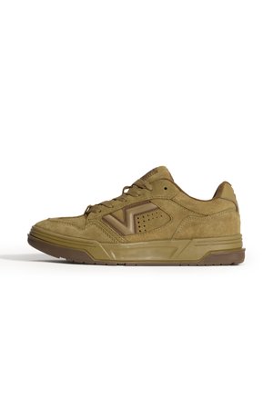 Low-top olive green suede sneaker with lace-up closure, perforated side panel, and a rubber sole, shown in side profile on white background.