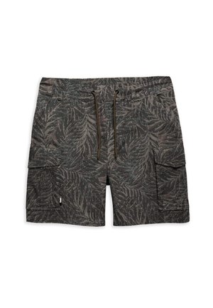 Cargo-Shorts in Dunkelgrün mit einem Blattmuster. Verfügt über einen elastischen Bund mit Kordelzug und Seitentaschen zur Aufbewahrung.