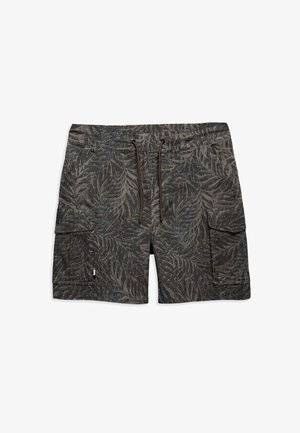 Cargo shorts in dark green with a leaf pattern. Features an elastic waistband with drawstring and side pockets for storage.