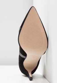 Chaussure à talon haut noire à bout pointu, inclinée vers le haut, montrant une semelle beige avec une surface antidérapante texturée et un talon aiguille élancé.