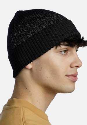 Black knit beanie with a ribbed texture, featuring a subtle speckled pattern at the top. Close fit with a turned-up cuff.