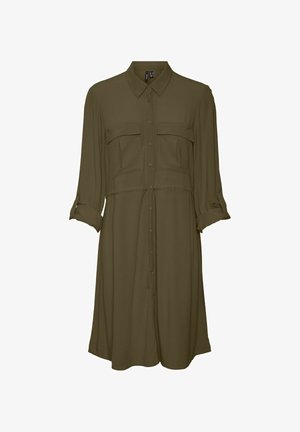 Olive green button-up dress with long sleeves, two chest pockets, and a drawstring waist. Smooth fabric with a relaxed fit and mid-length.