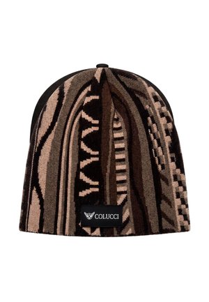 Knitted beanie with brown, beige, and black geometric patterns, featuring a black Colucci brand label on the front.