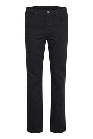 Zwarte denim broek met een rechte pasvorm, voorzien van twee voorkruiszakken en een enkele metalen knop aan de tailleband. Gladde textuur.