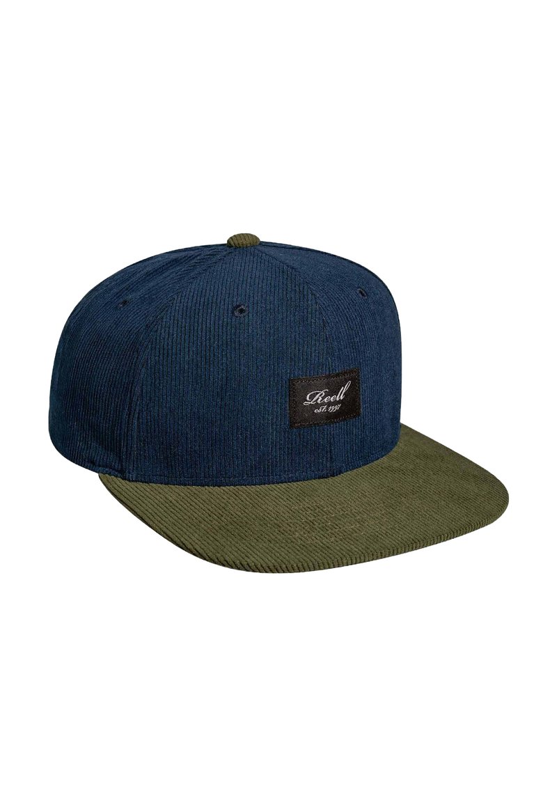 Corduroy cap featuring a navy blue crown and olive green brim, with a black leather label displaying "Reell" on the front.