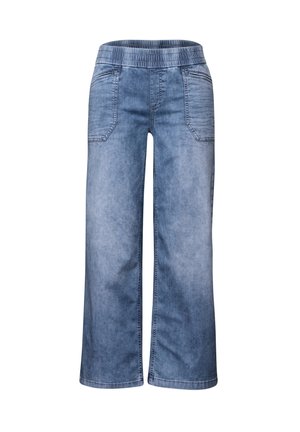 Ljust blå vida jeans med elastisk midja, som har två framfickor och en mjuk, texturerad yta.