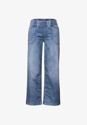 Bredde denim bukser i lyseblå med elastisk talje, der har to frontlommer og en blød, struktureret finish.