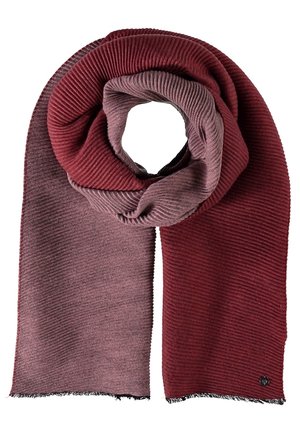 Punertavan ja malvan sävyinen ribbineulottu huivi, taitettuna lenkiksi, jossa on repsottavat reunat ja pieni pyöreä musta logolappu.