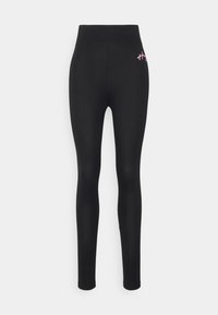 Leggings noirs avec une taille haute, fabriqués en tissu extensible. Présentent un petit logo rose sur le côté gauche, texture lisse, design ajusté.