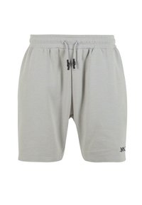 Lysegrå bomullsshorts med elastisk midjebånd, justerbart snor og en liten svart logo på nedre høyre bein.