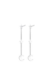 Sudraba pilienu auskari ar zvaigznes un pusmēness piekariņiem, savienoti ar smalku ķēdīti. Dizains izceļ pulētu apdari un sarežģītas detaļas.