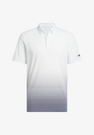 Weißes Poloshirt mit einem Farbverlauf-Punktmuster, das zum Saum hin in Marineblau übergeht, mit einer Zwei-Knopf-Leiste und kurzen Ärmeln.